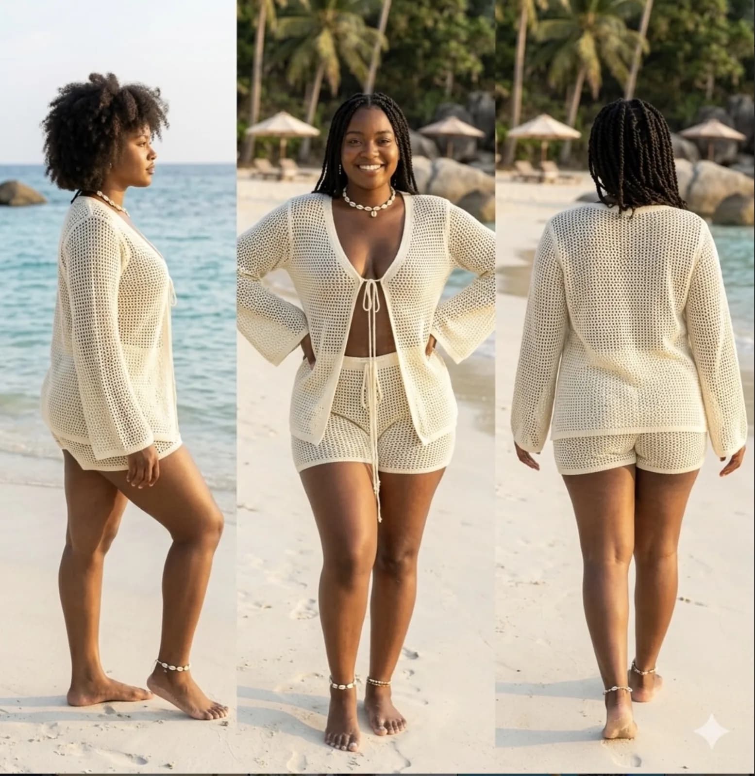 Woman in a cream crochet-knit top and shorts set on the beach