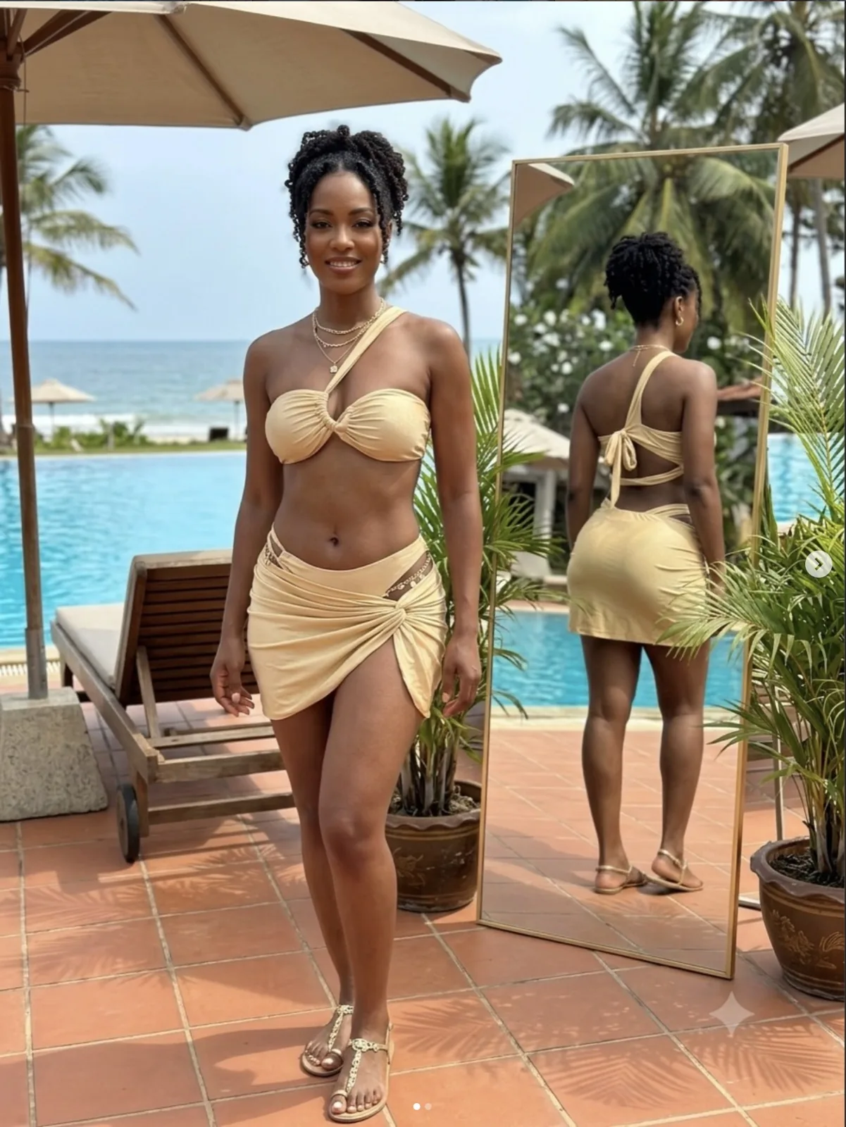 Woman in a gold bandeau bikini and wrap skirt, front and back view